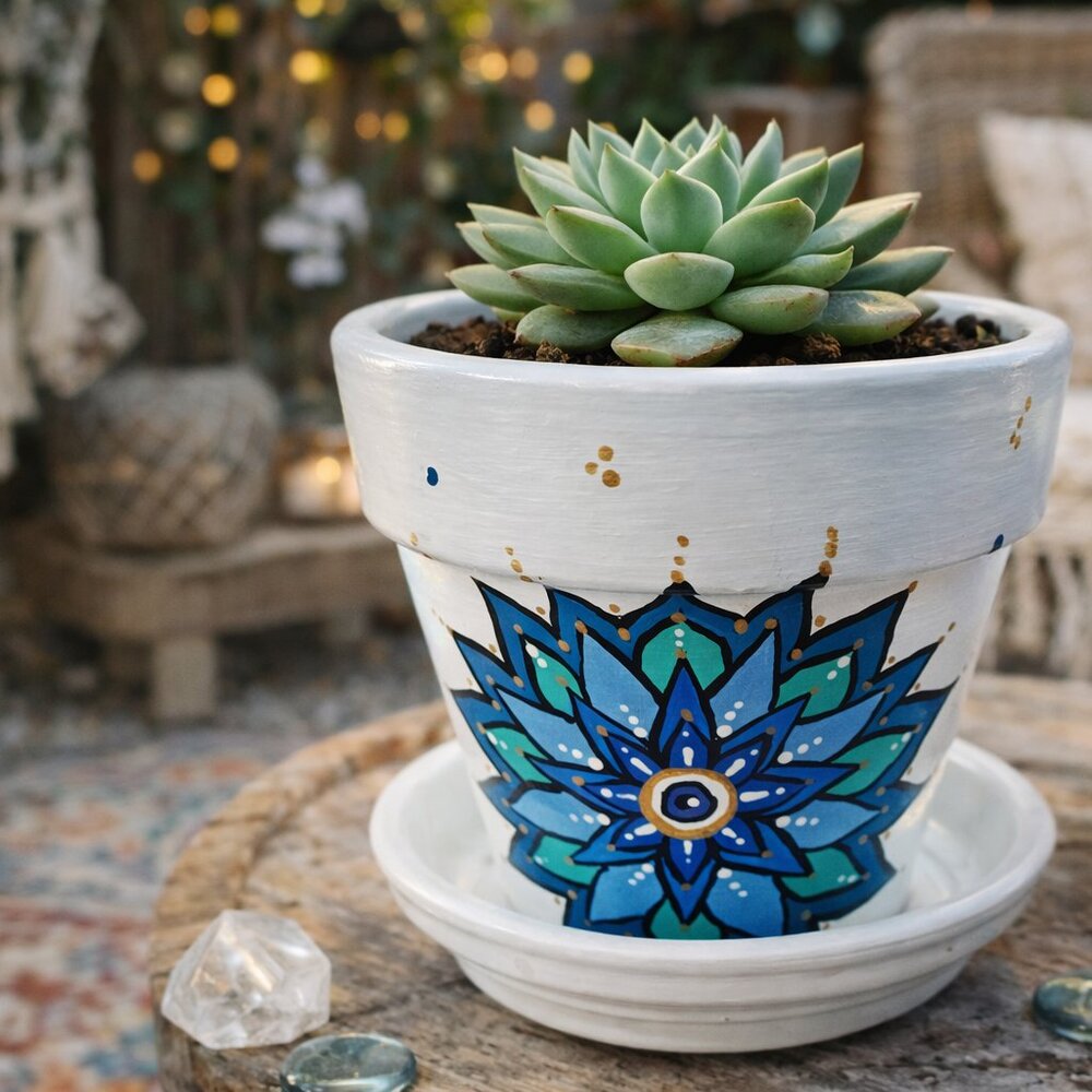 Custom Hand Painted Mandala Terra Cotta Planter Personalized Gift
